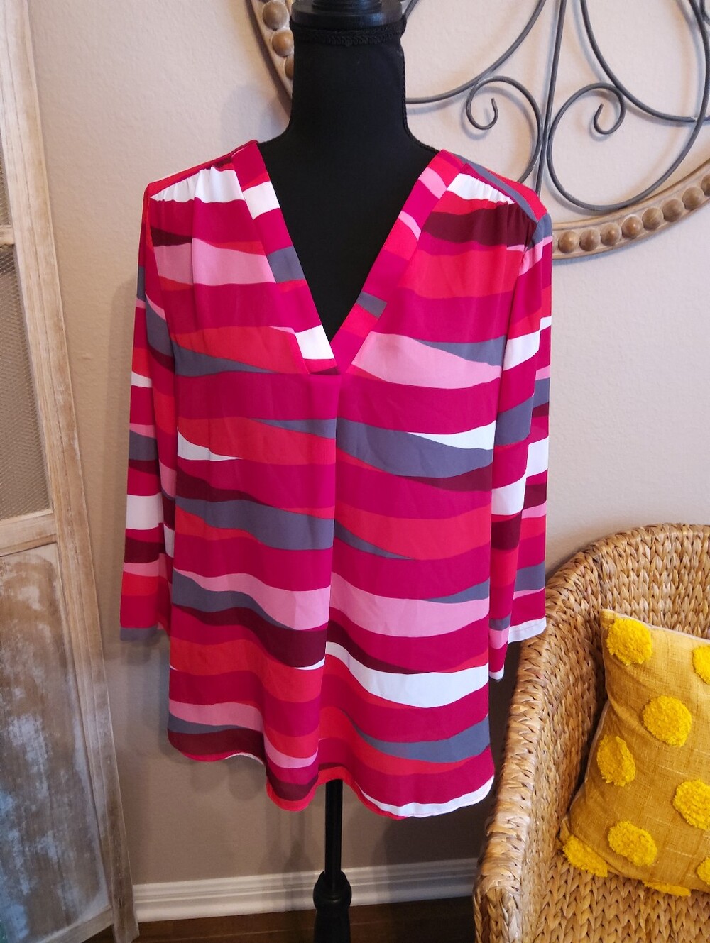 a.n.a Pink and White Striped V-Neck Tunic